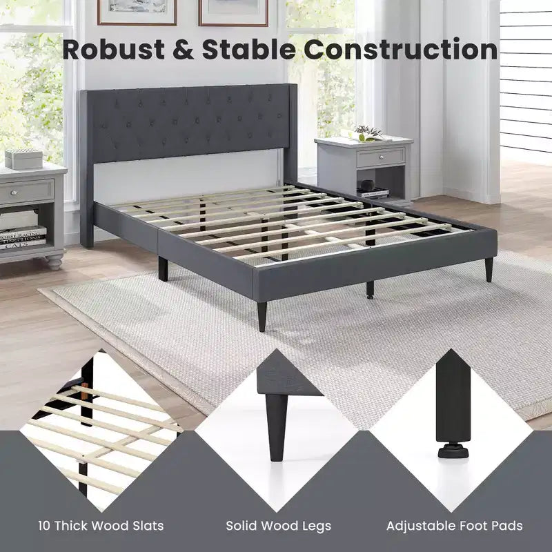 Lit plateforme capitonné Costway Queen Size avec tête de lit à oreilles touffetée de boutons Bleu/Gris