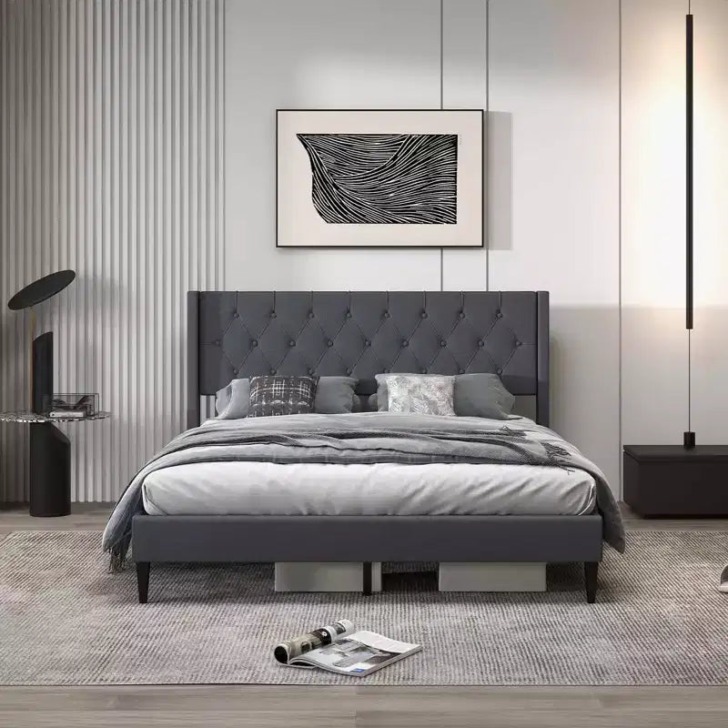 Lit plateforme capitonné Costway Queen Size avec tête de lit à oreilles touffetée de boutons Bleu/Gris