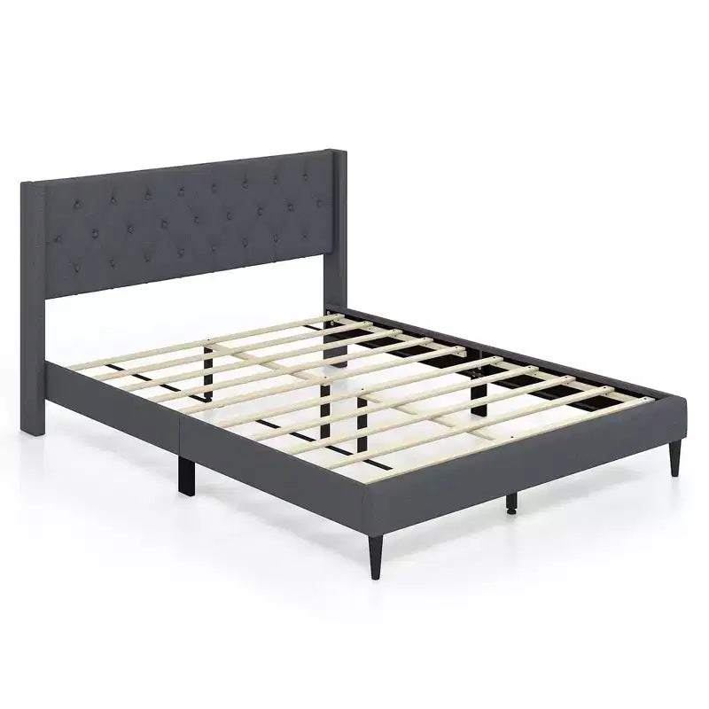 Lit plateforme capitonné Costway Queen Size avec tête de lit à oreilles touffetée de boutons Bleu/Gris