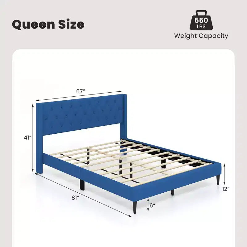 Lit plateforme capitonné Costway Queen Size avec tête de lit à oreilles touffetée de boutons Bleu/Gris