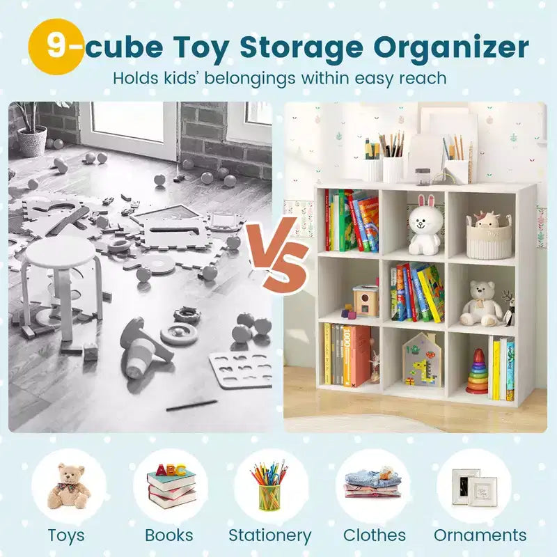 Costway Organisateur de jouets pour enfants à 9 cubes, étagère de rangement en bois pour enfants