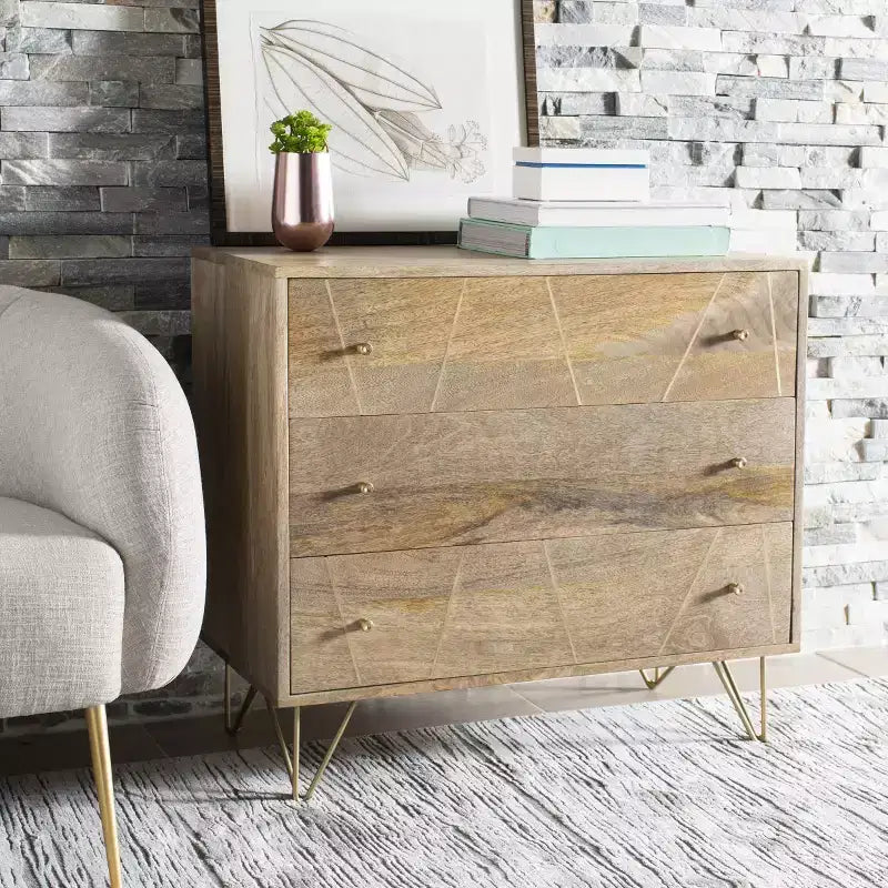 Commode 3 tiroirs Marigold - CHS9001 - Naturel/Laiton - Safavieh