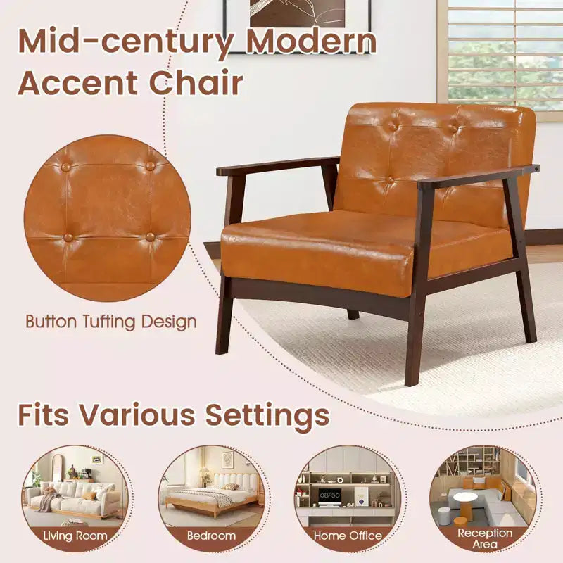 Fauteuil d'appoint Costway avec accoudoirs et cadre en bois d'hévéa, fauteuil capitonné pour salon Marron/Noir