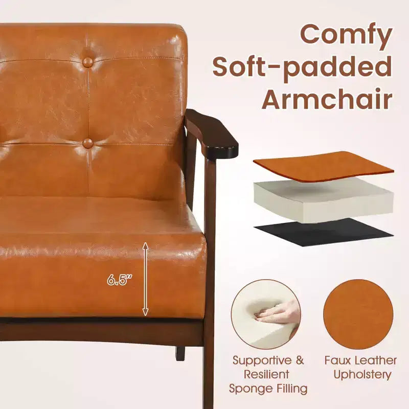 Fauteuil d'appoint Costway avec accoudoirs et cadre en bois d'hévéa, fauteuil capitonné pour salon Marron/Noir