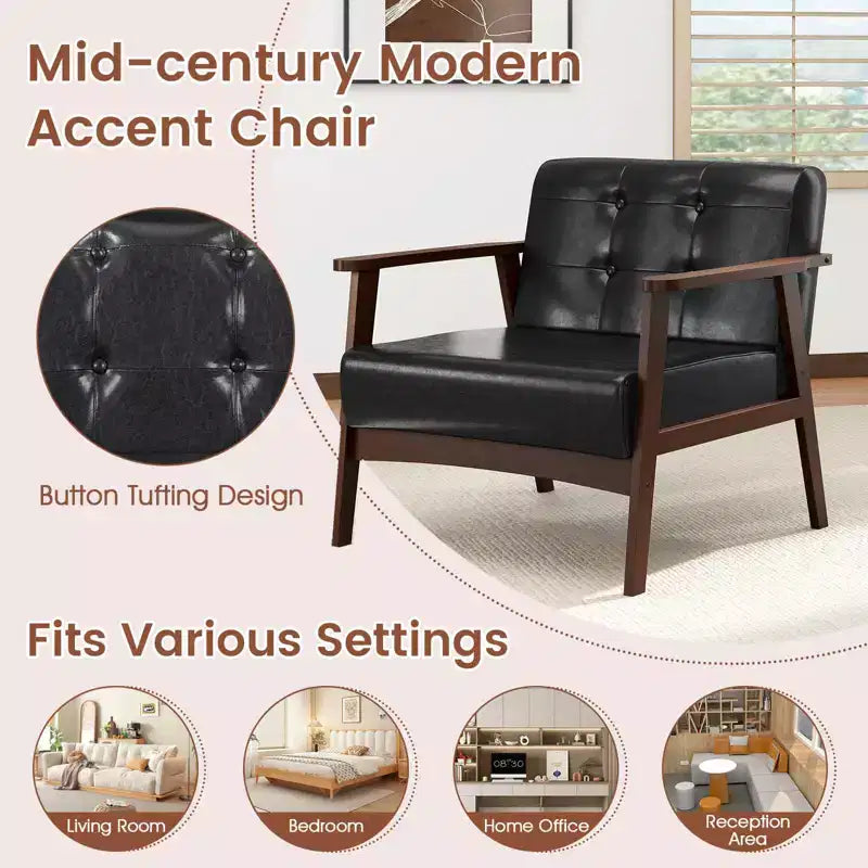 Fauteuil d'appoint Costway avec accoudoirs et cadre en bois d'hévéa, fauteuil capitonné pour salon Marron/Noir