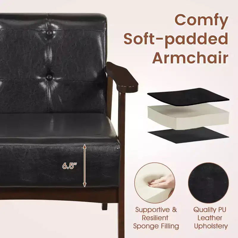 Fauteuil d'appoint Costway avec accoudoirs et cadre en bois d'hévéa, fauteuil capitonné pour salon Marron/Noir