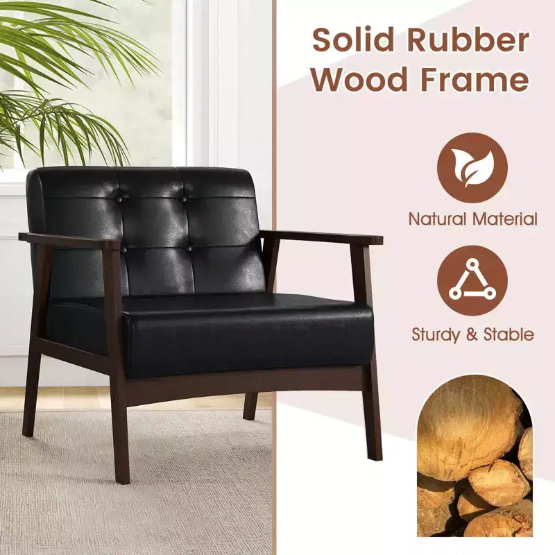 Fauteuil d'appoint Costway avec accoudoirs et cadre en bois d'hévéa, fauteuil capitonné pour salon Marron/Noir