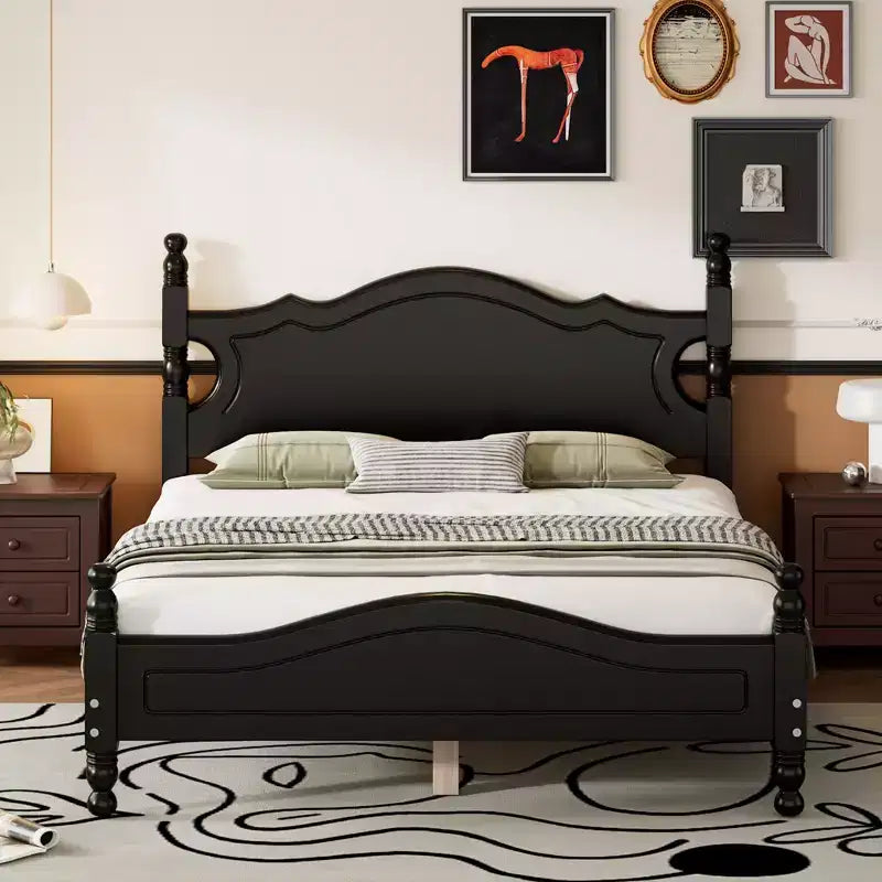 Cadre de lit plateforme en bois double/grand lit, lit plateforme de style rétro - ModernLuxe