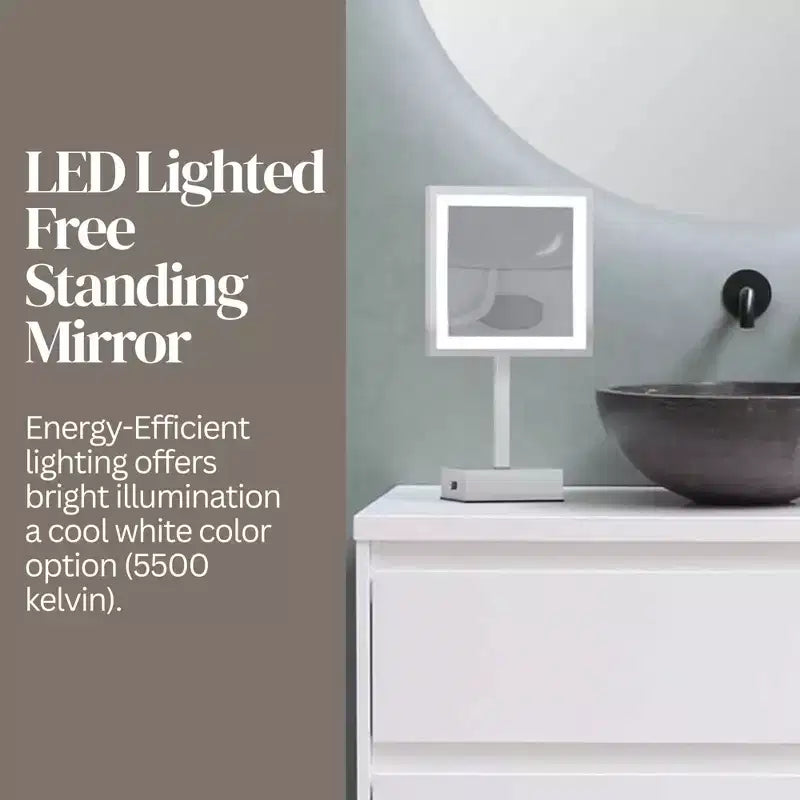 Miroir carré Aptations 8 LED - Grossissement 3X, sur pied - Lumière froide, miroir de maquillage pour coiffeuse, chambre, salle de bain - (Nickel brossé)