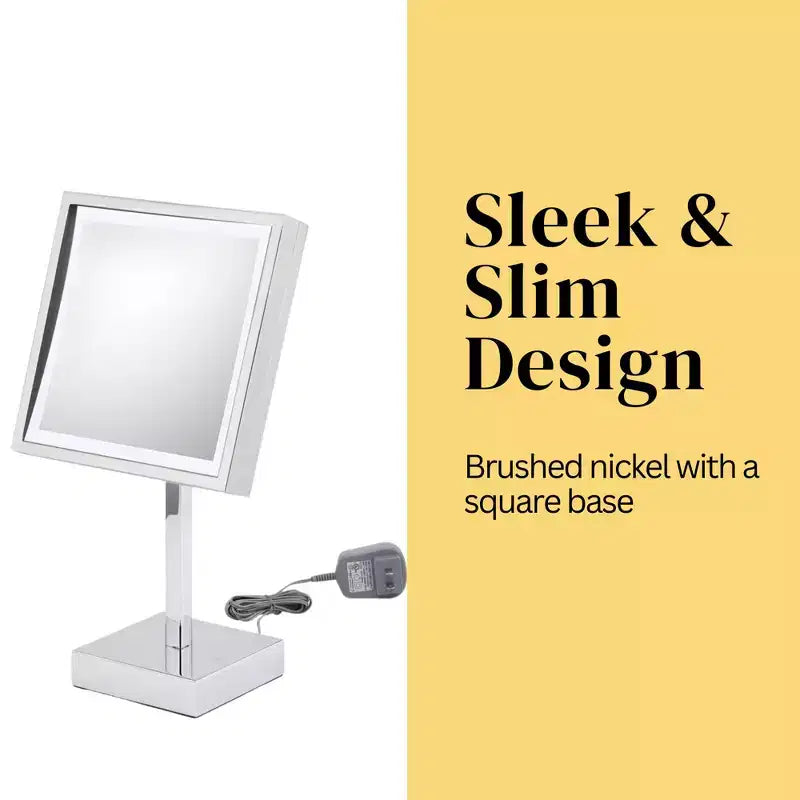 Miroir carré Aptations 8 LED - Grossissement 3X, sur pied - Lumière froide, miroir de maquillage pour coiffeuse, chambre, salle de bain - (Nickel brossé)