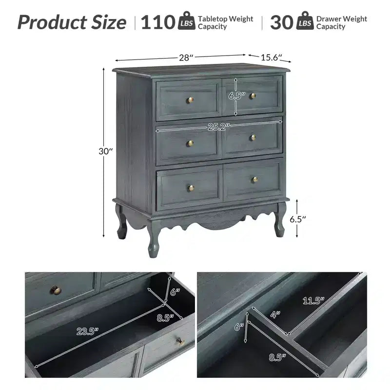 Commode d'appoint traditionnelle Galatea 32'' en bois massif à 3 tiroirs avec station de charge | HULALA HOME