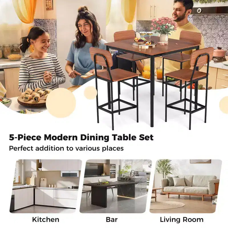 Ensemble de table à manger industrielle Costway 5 pièces avec table hauteur comptoir et 4 tabourets de bar Noir/Gris/Noyer