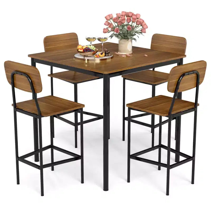 Ensemble de table à manger industrielle Costway 5 pièces avec table hauteur comptoir et 4 tabourets de bar Noir/Gris/Noyer