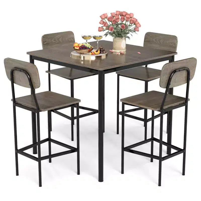 Ensemble de table à manger industrielle Costway 5 pièces avec table hauteur comptoir et 4 tabourets de bar Noir/Gris/Noyer