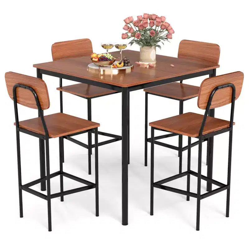 Ensemble de table à manger industrielle Costway 5 pièces avec table hauteur comptoir et 4 tabourets de bar Noir/Gris/Noyer