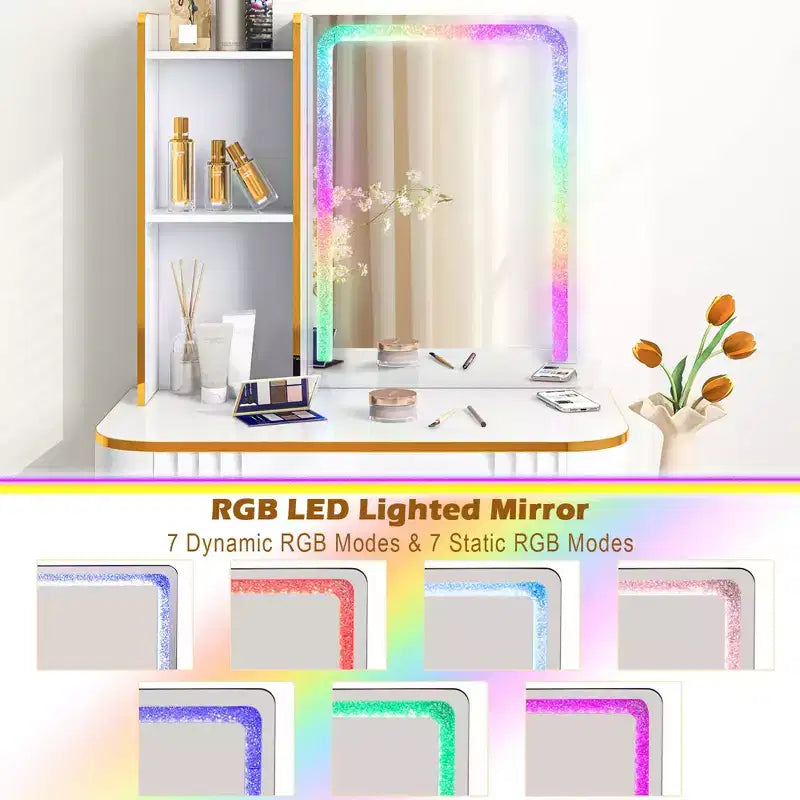 Coiffeuse Costway avec lumières LED RVB, miroir en verre pilé, tiroirs, Noir/Blanc