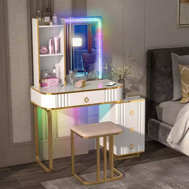 Coiffeuse Costway avec lumières LED RVB, miroir en verre pilé, tiroirs, Noir/Blanc