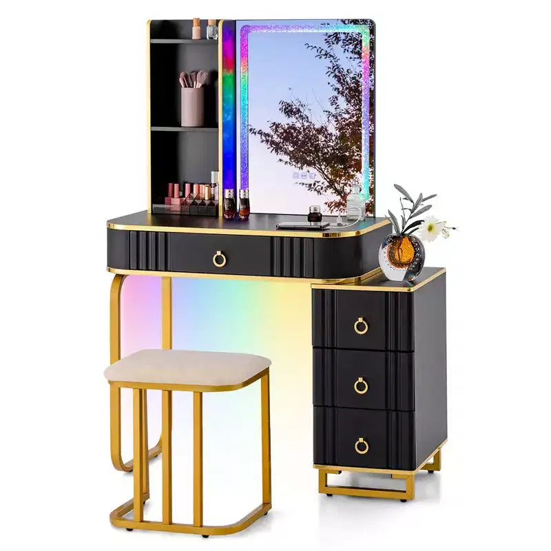 Coiffeuse Costway avec lumières LED RVB, miroir en verre pilé, tiroirs, Noir/Blanc