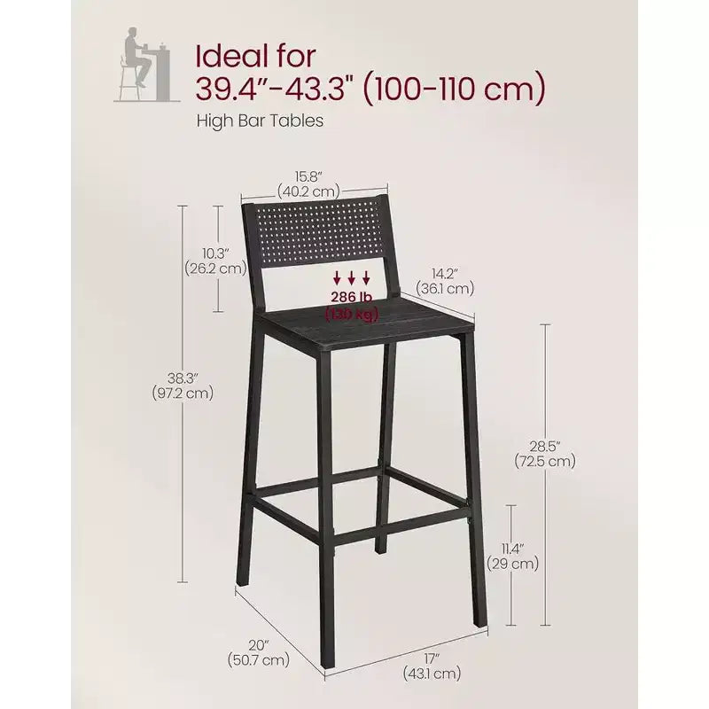 VASAGLE Tabourets de Bar, Lot de 2 Chaises de Bar, Tabourets Hauts avec Dossier, Style Industriel pour Salle de Fête