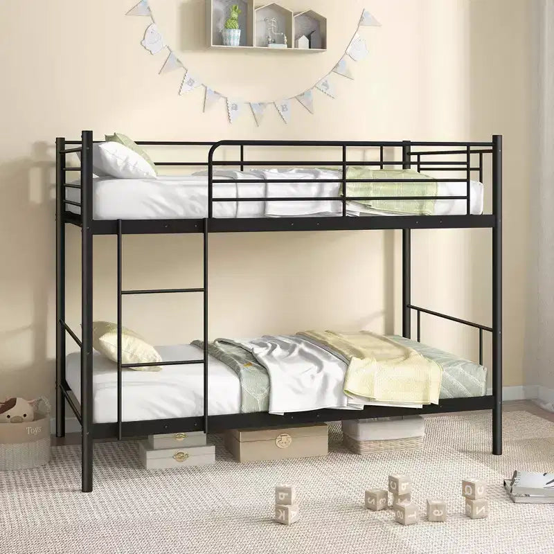 Costway Metal Twin Over Twin Bunk Bed with Built-in Ladder Safety Guardrail Black/White