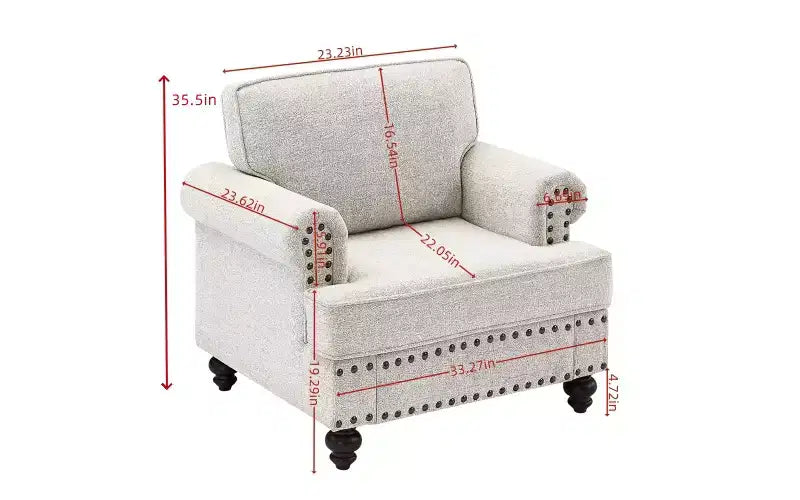 Canapés 3 places/causeuses/fauteuils rembourrés avec clous décoratifs, accoudoirs volutes et pieds tournés-ModernLuxe