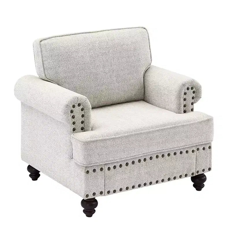Canapés 3 places/causeuses/fauteuils rembourrés avec clous décoratifs, accoudoirs volutes et pieds tournés-ModernLuxe