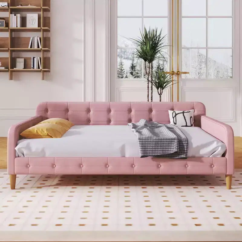 Lit de repos rembourré pleine/double taille avec 4 pieds de support en bois-ModernLuxe