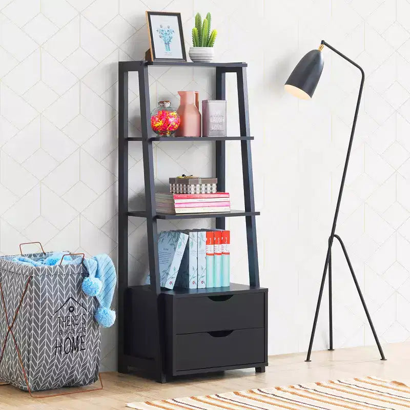 Costway Lot de 2 Étagères Échelle à 4 Niveaux, Étagère de Rangement Murale Moderne avec Tiroirs, Blanc & Bois Naturel/Noir