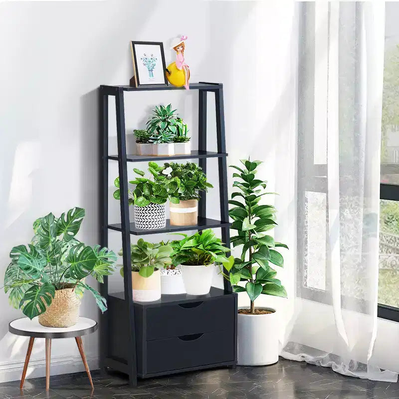 Costway Lot de 2 Étagères Échelle à 4 Niveaux, Étagère de Rangement Murale Moderne avec Tiroirs, Blanc & Bois Naturel/Noir