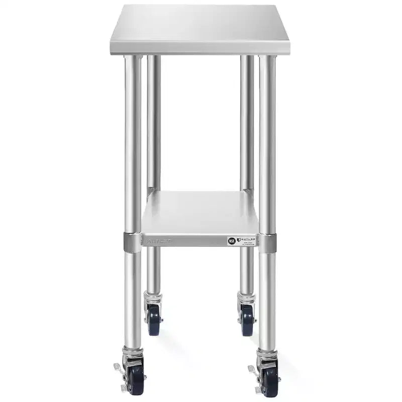 Table en acier inoxydable KUTLER avec roulettes, table de préparation et de travail commerciale robuste certifiée NSF avec étagère inférieure pour restaurant, hôtel, maison