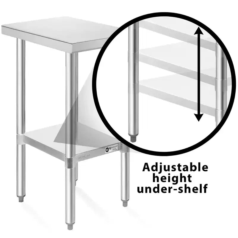 Table en acier inoxydable KUTLER avec roulettes, table de préparation et de travail commerciale robuste certifiée NSF avec étagère inférieure pour restaurant, hôtel, maison