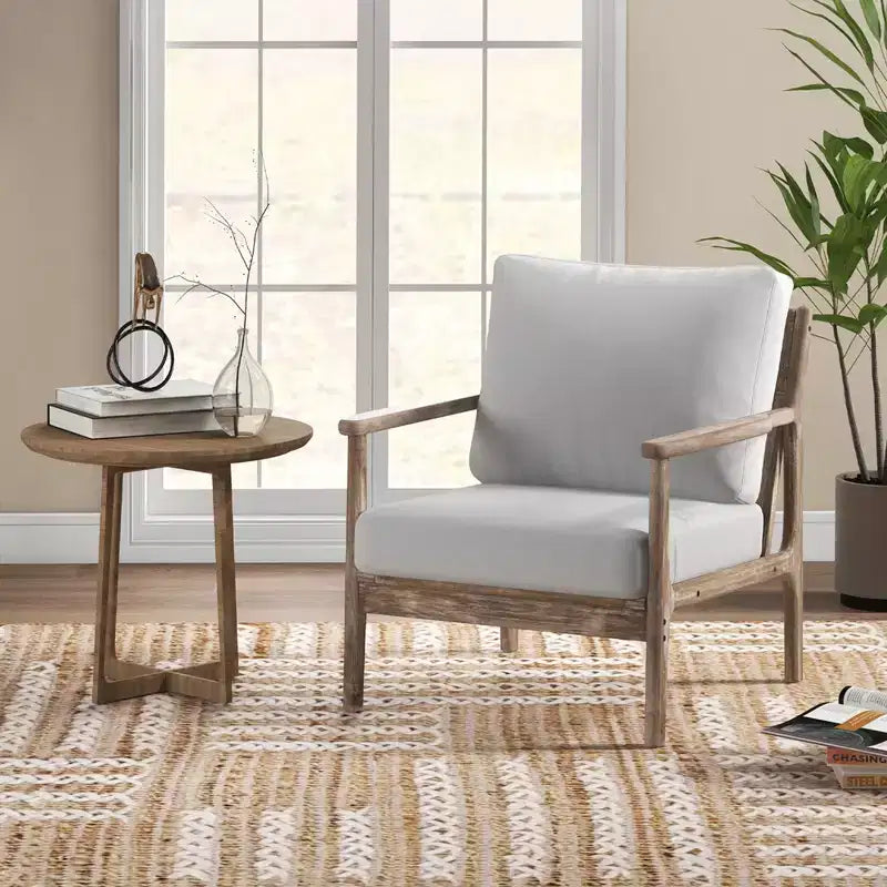 Costway Fauteuil moderne avec accoudoirs en bois d'hévéa massif, revêtements en tissu coton-lin