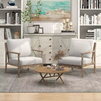 Costway Fauteuil moderne avec accoudoirs en bois d'hévéa massif, revêtements en tissu coton-lin