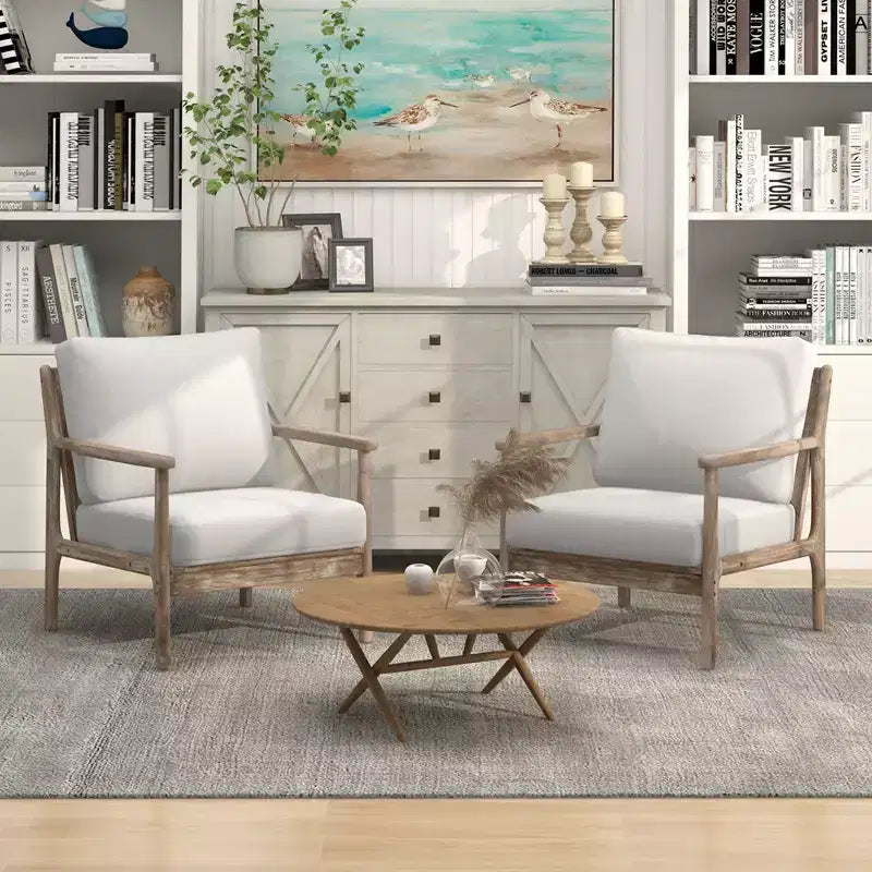 Costway Fauteuil moderne avec accoudoirs en bois d'hévéa massif, revêtements en tissu coton-lin