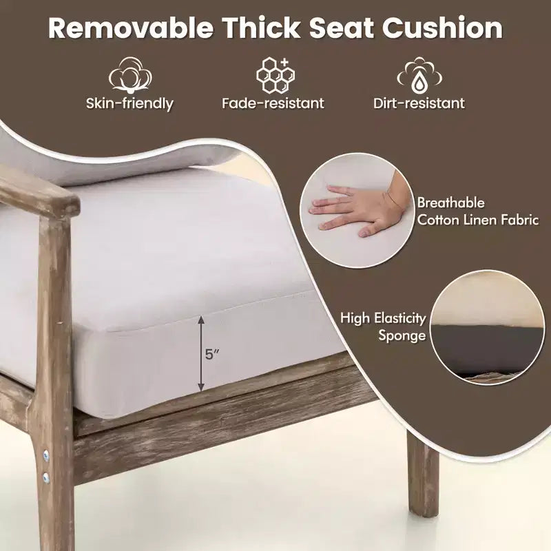Costway Fauteuil moderne avec accoudoirs en bois d'hévéa massif, revêtements en tissu coton-lin