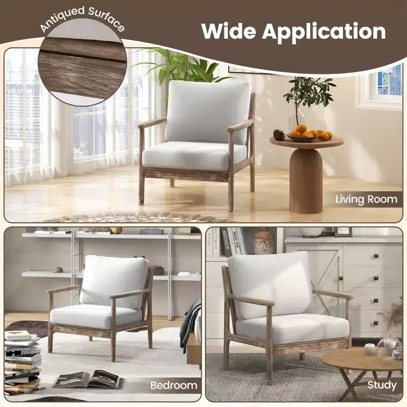 Costway Fauteuil moderne avec accoudoirs en bois d'hévéa massif, revêtements en tissu coton-lin
