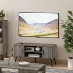 Meuble TV Furinno Mid-Century, console multimédia avec 2 armoires et étagères de rangement ouvertes pour téléviseurs jusqu'à 50 pouces, gris chêne français