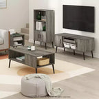 Meuble TV Furinno Mid-Century, console multimédia avec 2 armoires et étagères de rangement ouvertes pour téléviseurs jusqu'à 50 pouces, gris chêne français