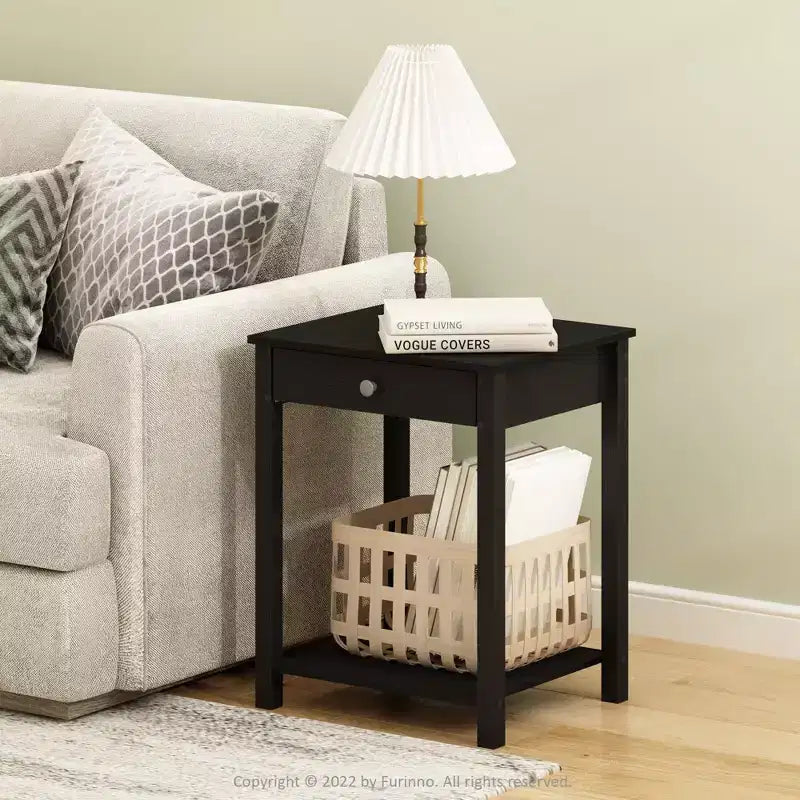 Furinno Mid-Century Sofa Side End Table W/Drawer & Open Storage Shelf,Americano
