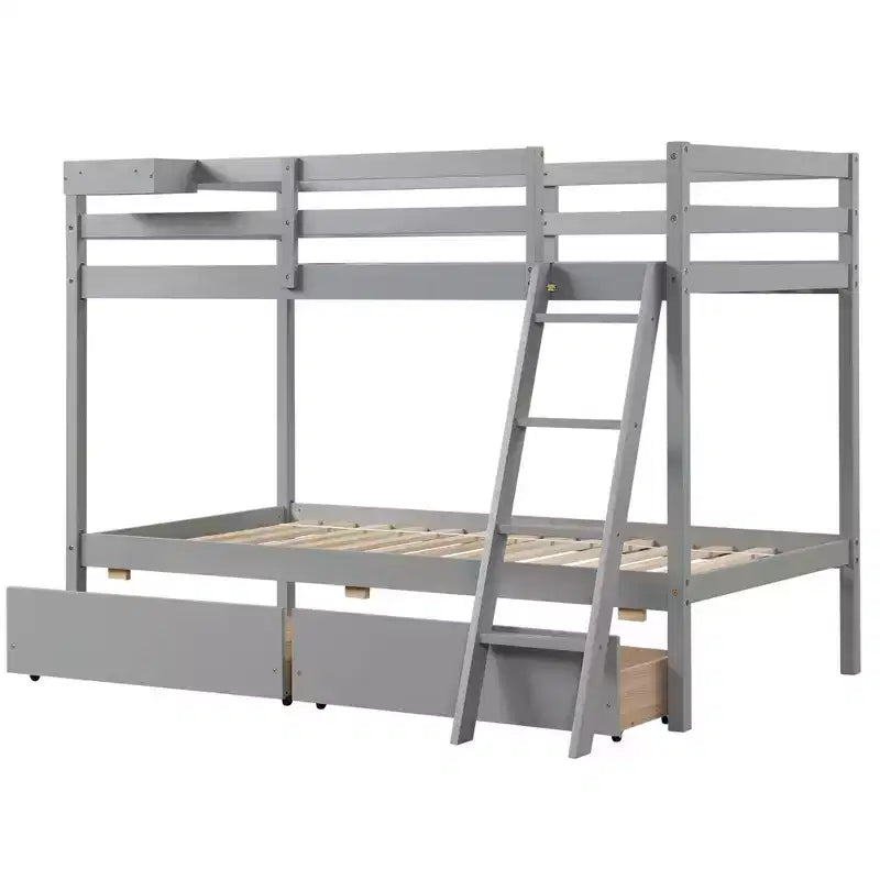 Lit superposé jumeau sur jumeau Costway avec 2 tiroirs de rangement et échelle, aucun sommier tapissier requis, gris/blanc