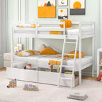 Lit superposé jumeau sur jumeau Costway avec 2 tiroirs de rangement et échelle, aucun sommier tapissier requis, gris/blanc