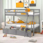 Lit superposé jumeau sur jumeau Costway avec 2 tiroirs de rangement et échelle, aucun sommier tapissier requis, gris/blanc