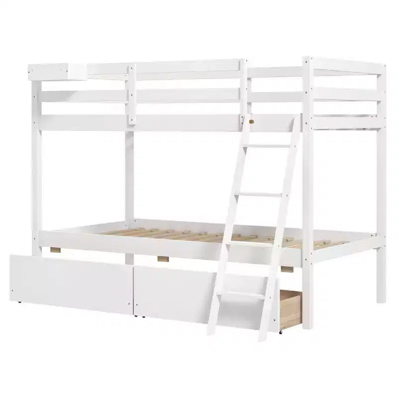 Lit superposé jumeau sur jumeau Costway avec 2 tiroirs de rangement et échelle, aucun sommier tapissier requis, gris/blanc