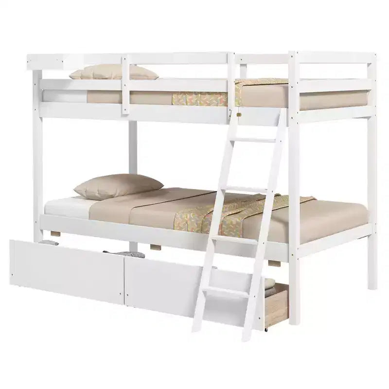 Lit superposé jumeau sur jumeau Costway avec 2 tiroirs de rangement et échelle, aucun sommier tapissier requis, gris/blanc