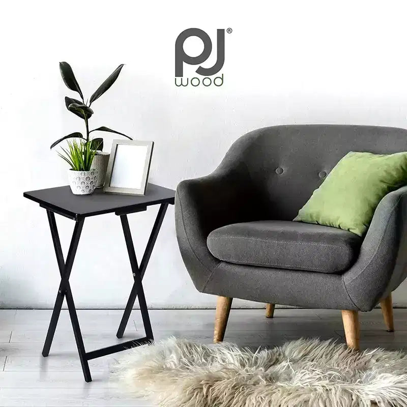 PJ Wood Ensemble de 6 tables pliantes polyvalentes en bois massif noir pour plateau-repas, snack ou bureau