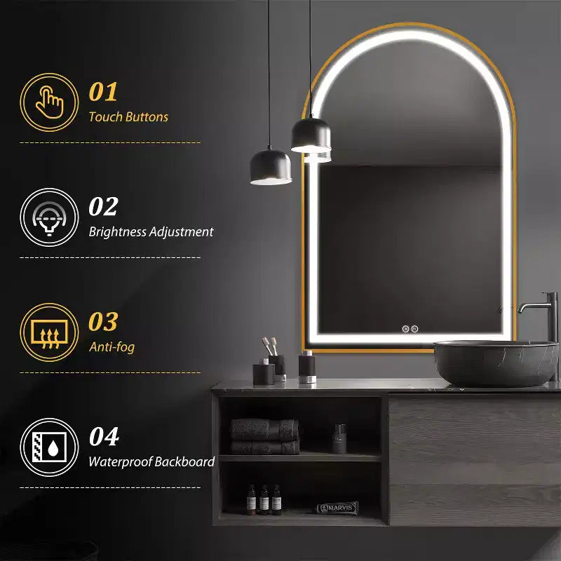 Miroir de salle de bain LED Dovelina avec cadre en métal et fonction anti-buée, en forme d'arche