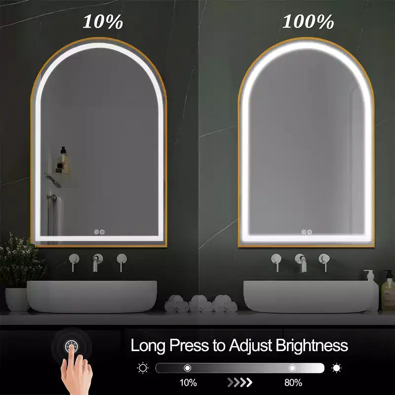 Miroir de salle de bain LED Dovelina avec cadre en métal et fonction anti-buée, en forme d'arche