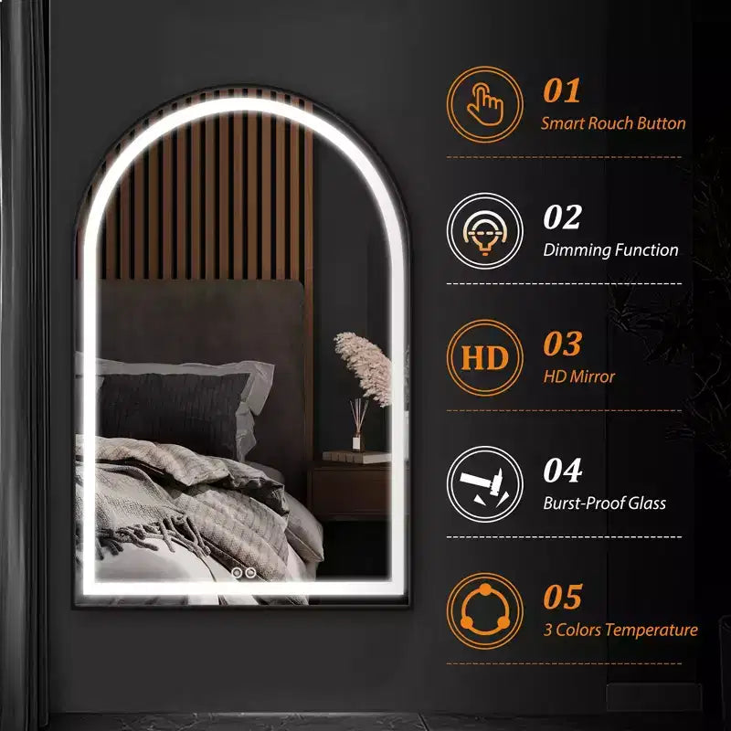 Miroir de salle de bain LED Dovelina avec cadre en métal et fonction anti-buée, en forme d'arche
