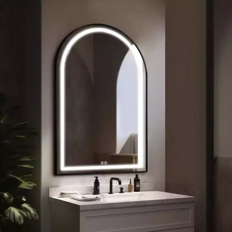 Miroir de salle de bain LED Dovelina avec cadre en métal et fonction anti-buée, en forme d'arche