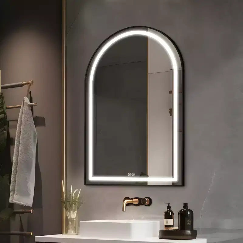 Miroir de salle de bain LED Dovelina avec cadre en métal et fonction anti-buée, en forme d'arche